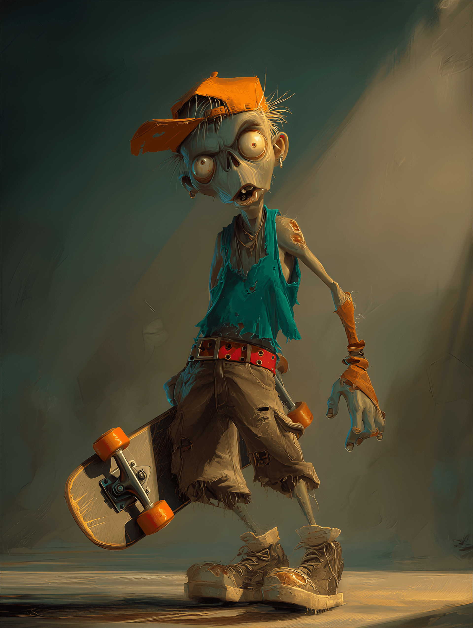 AI generated: funny caricature, zombie skater boy caricature, teenage green-skinned male, 19 years old, disheveled...