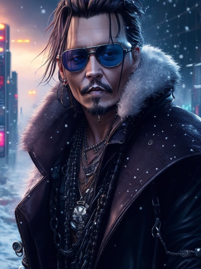 AI generated: johnny depp, cyberpunk, big chains, snow city background, realism, hyper details, super quality, 8k,...