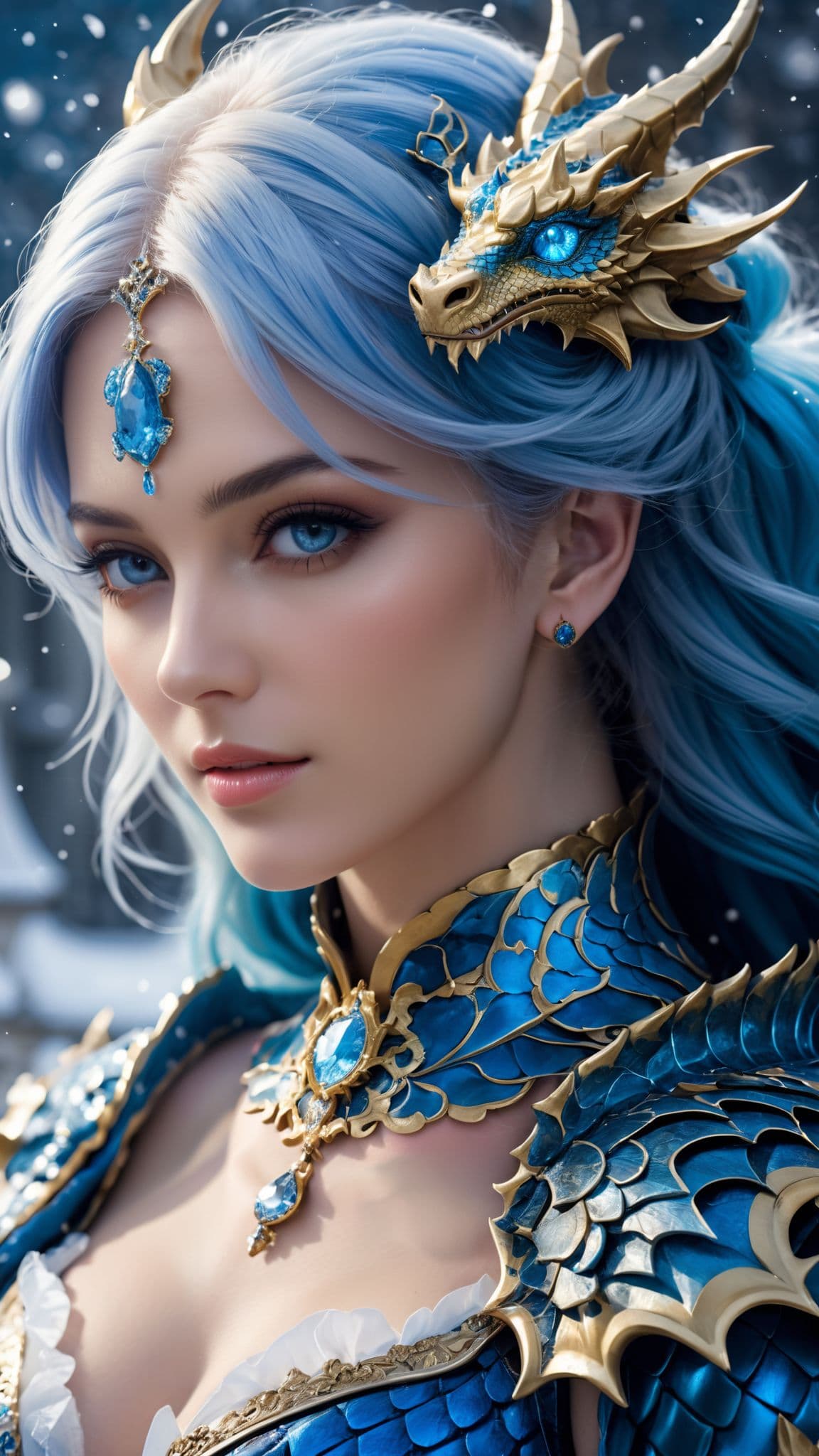 AI generated: professional photography of a Elegance woman with shiny neon color hair, neon blue eyes, Rococo styl...