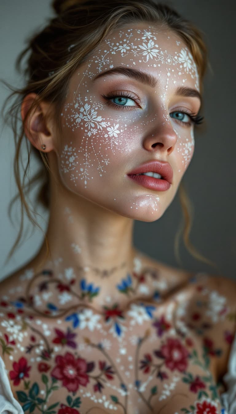 AI generated: the whole face, shoulders and chest are pierced with openwork threads in the style of Ukrainian nati...