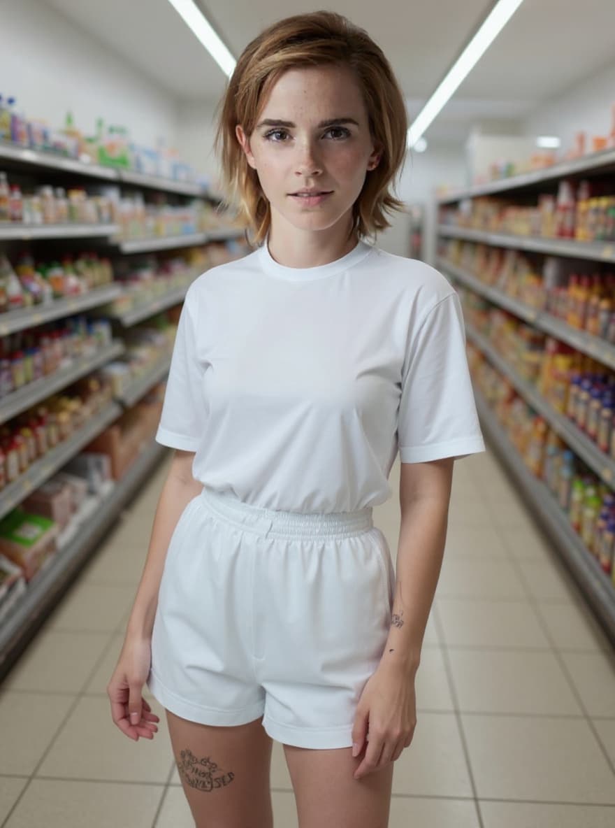 AI generated: A gorgeous barefooted young woman casually walking into a convenience store, captured in a candid fu...