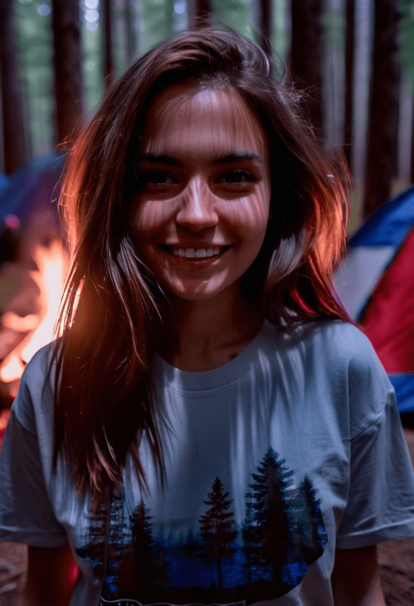 AI generated: silhouette photograph of a 25 year old woman in the woods at night, long brunette hair, light-colore...
