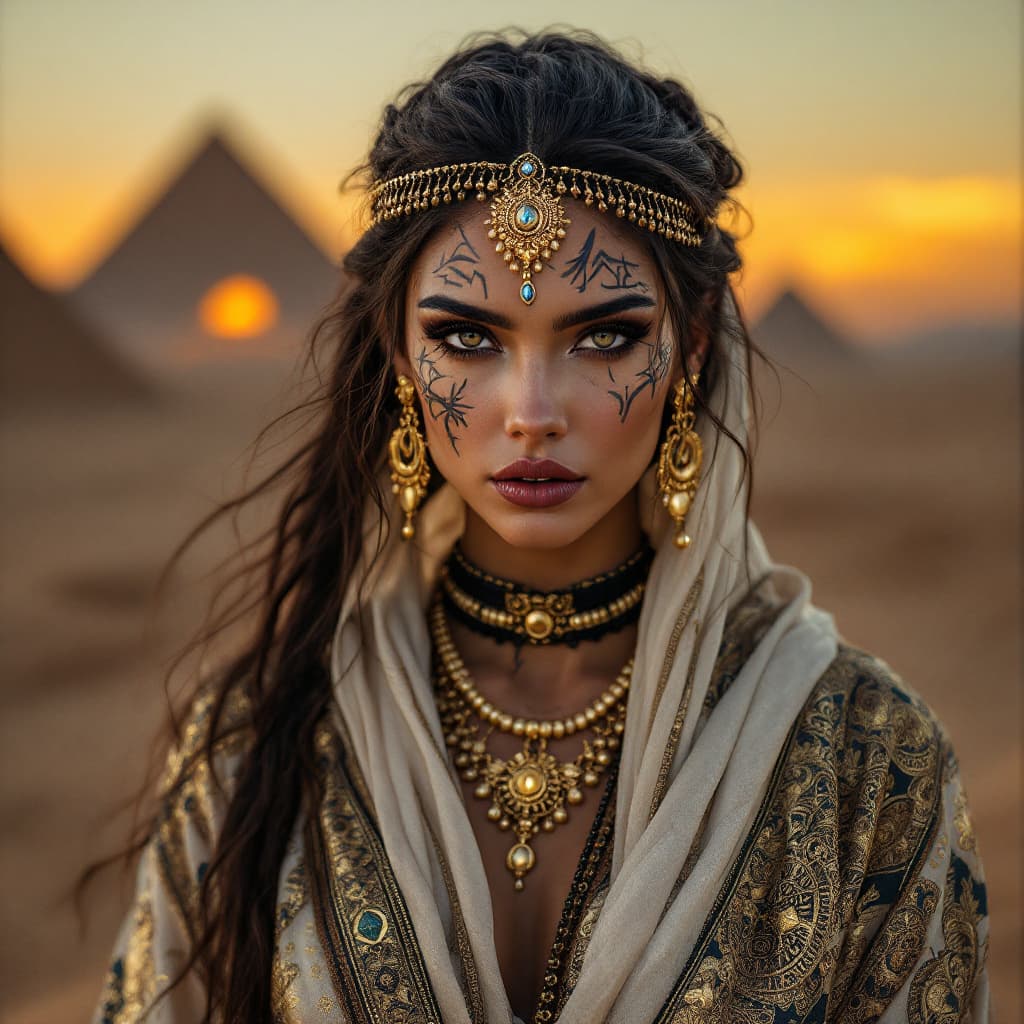 AI generated: "Portrait of a mystical Arabian queen, elegant golden jewelry, intricate face tattoos, flowing silk ...
