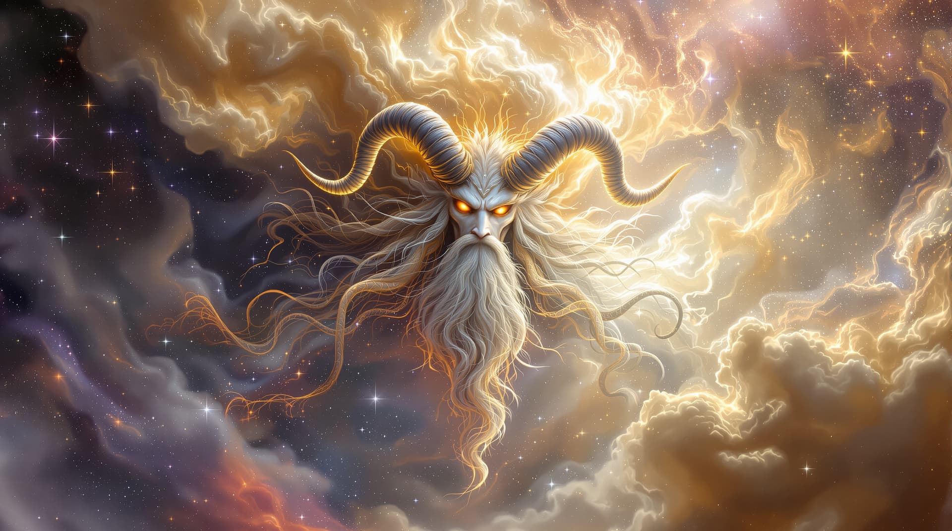 AI generated:  A majestic zodiak fractal figure evokes ancient wisdom and mythical power, which dominate the scene...