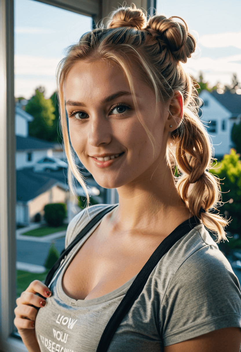 AI generated: cinematic photo woman with double bun top knot, blonde highlights, standing in front of a window wit...