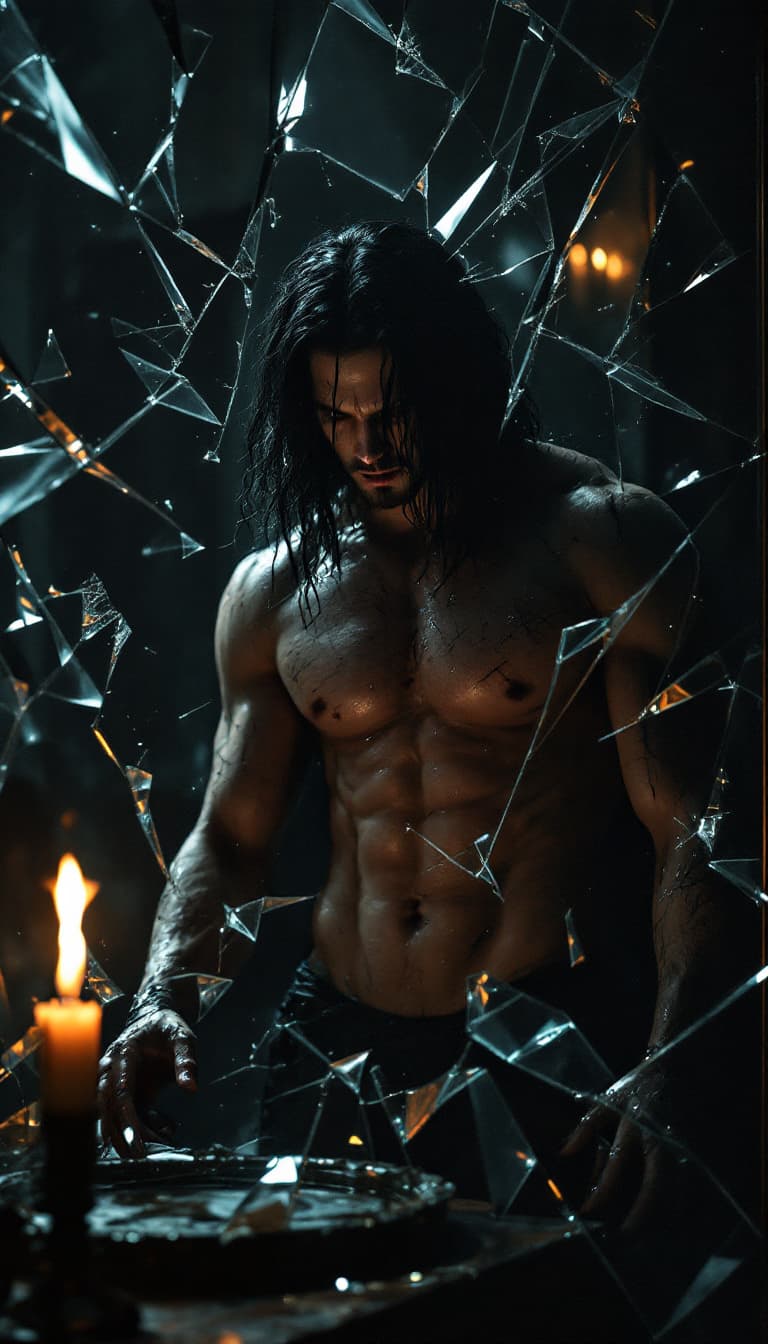 AI generated: A solitary male muscular goth figure with long black wavy hair in a dark, candlelit dimmed room, sur...