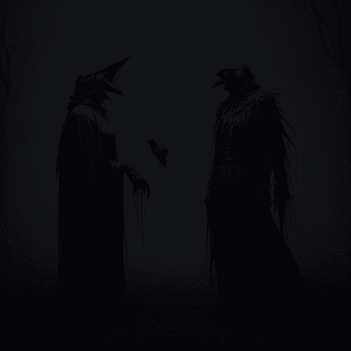 AI generated: Dialogue between a two scary crows, full body, mystical atmosphere, murder birds, crows and scary to...