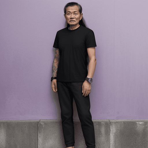 AI generated: photography, full-body, a 50 year old asean man, well build, with model standing against a textured ...