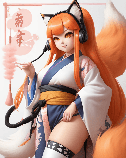 AI generated: inkling goddess, kitsune, big fluffy tails, thick thighs, in a kimono, mindless, headset