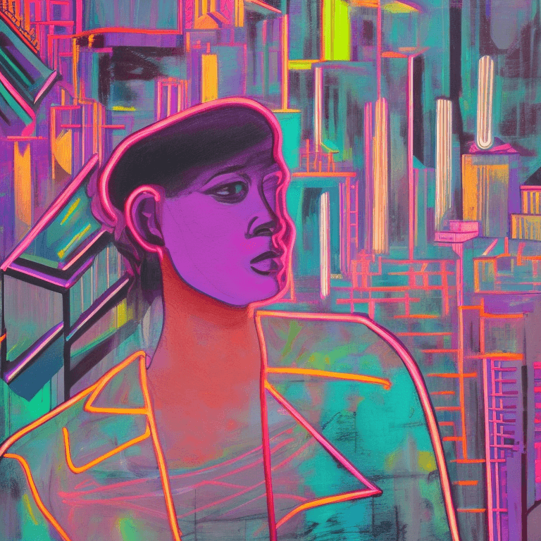 AI generated: person with a deep gaze in front of a city, baskiat painting, neon colors, blue, pink, purple