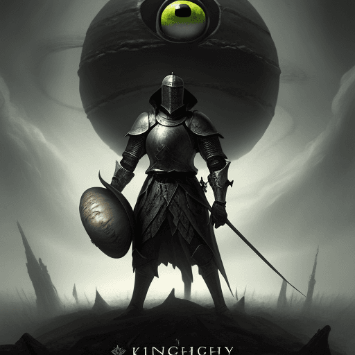 AI generated: A knight standing against Giant flying eyeball in dark fantasy style