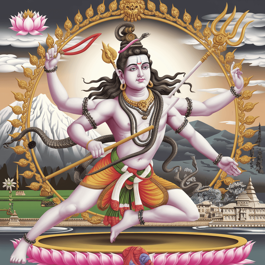 AI generated: An intricately detailed and divine scene of Lord Shiva performing the Tandava, an energetic dance be...