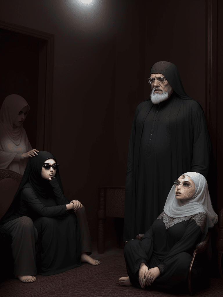 AI generated: old man sheikh sitting at floor in room, pretty women wearing hijab reviling clothes prone facing hi...