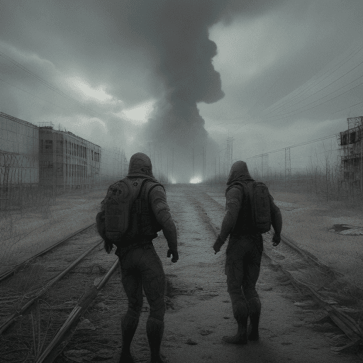 AI generated: explosion at the Chernobyl station, mutants around, two stalkers shooting back from mutants, field, ...