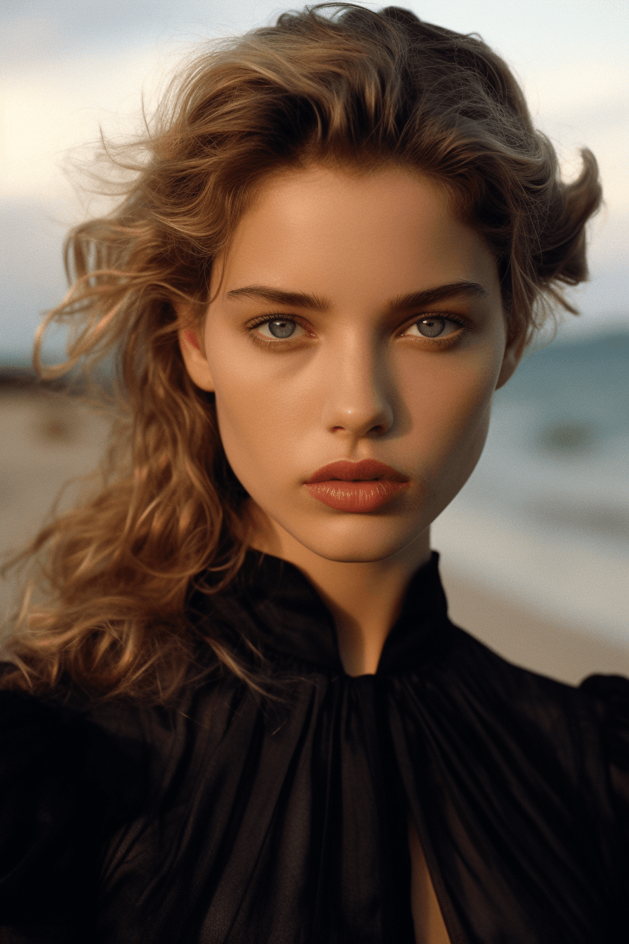 AI generated: a woman in a black dress posing for a picture, italian beach scene, small blond goatee, eighties loo...