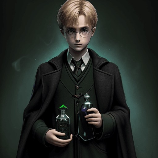 AI generated: Boy, young, blond, green eyes, Harry Potter Universe, magic and potions books background, wearing bl...