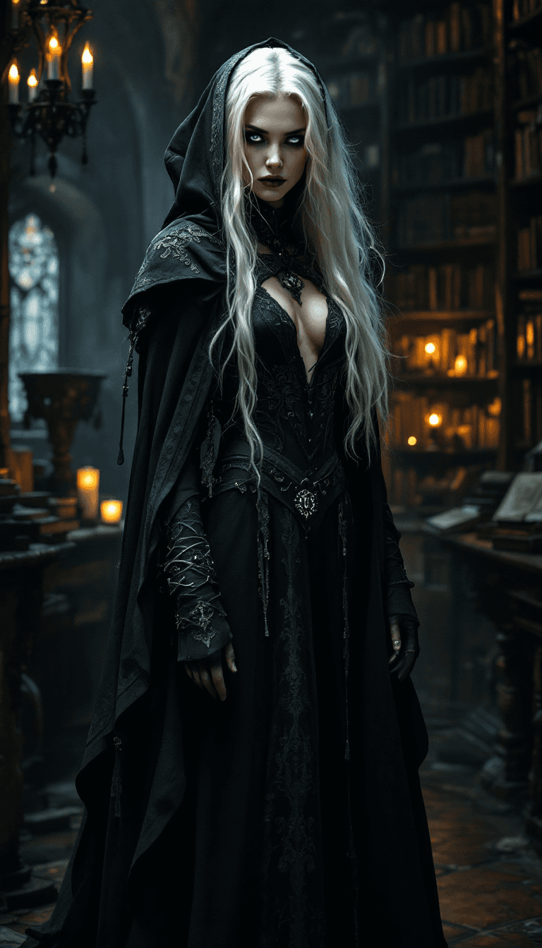 AI generated: A mysterious woman with long, platinum blonde hair, often hidden beneath a hooded cloak. Her eyes ar...