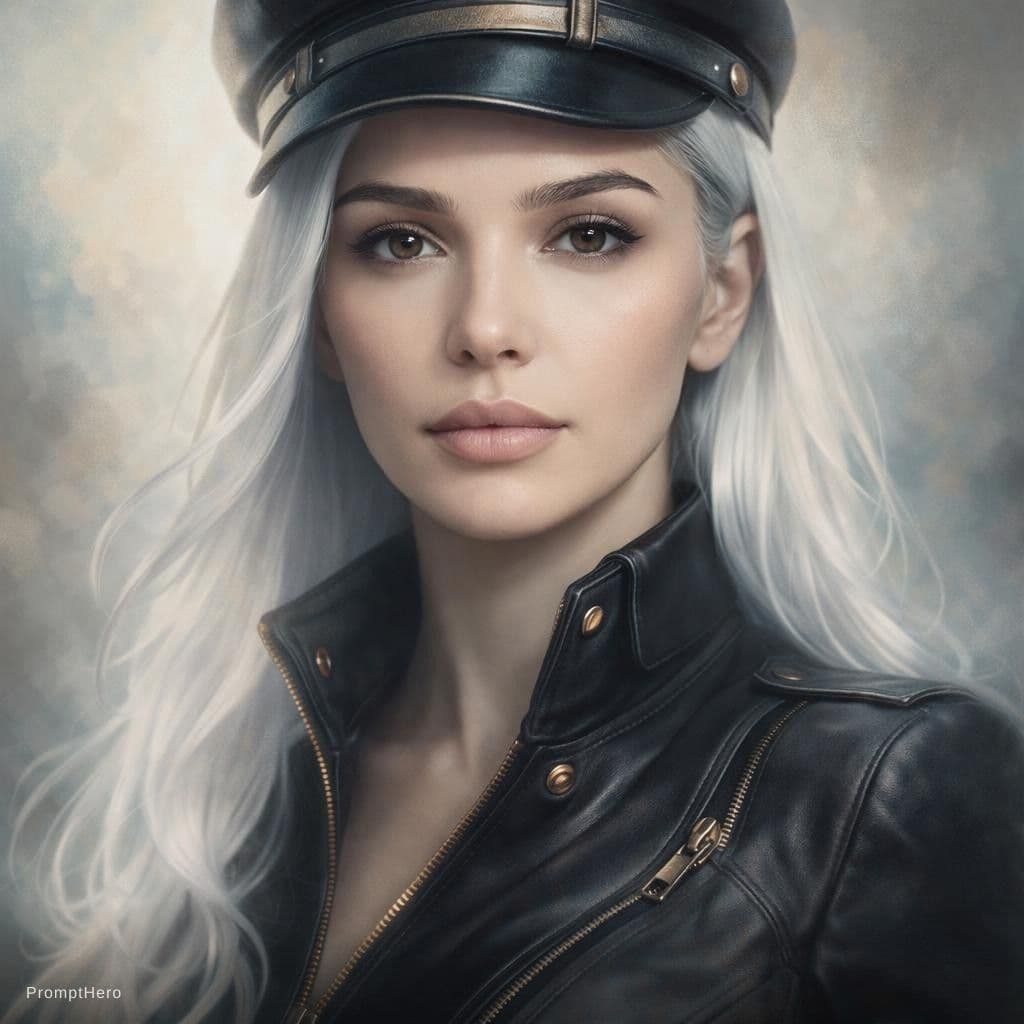 AI generated: a woman with white hair wearing a tight black jacket and a hat, in the style of mashup of styles, li...