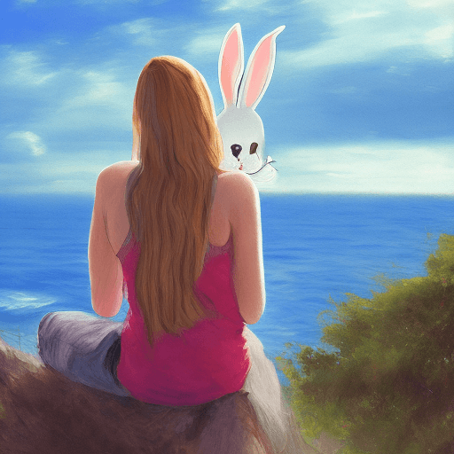 AI generated: Female, overlooking the ocean, daylight, indirect lighting, bunny ears