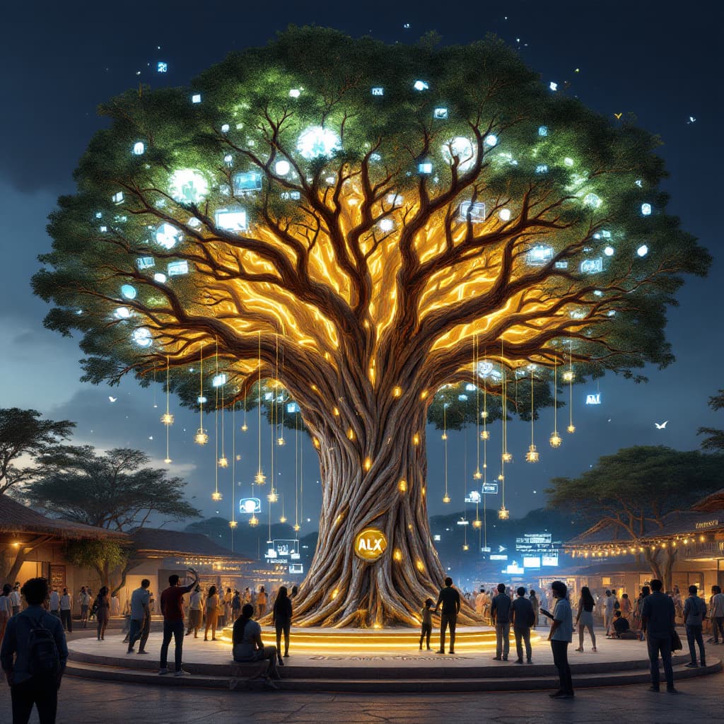 AI generated: A massive baobab tree in an African high-tech village square, glowing from within like a living serv...