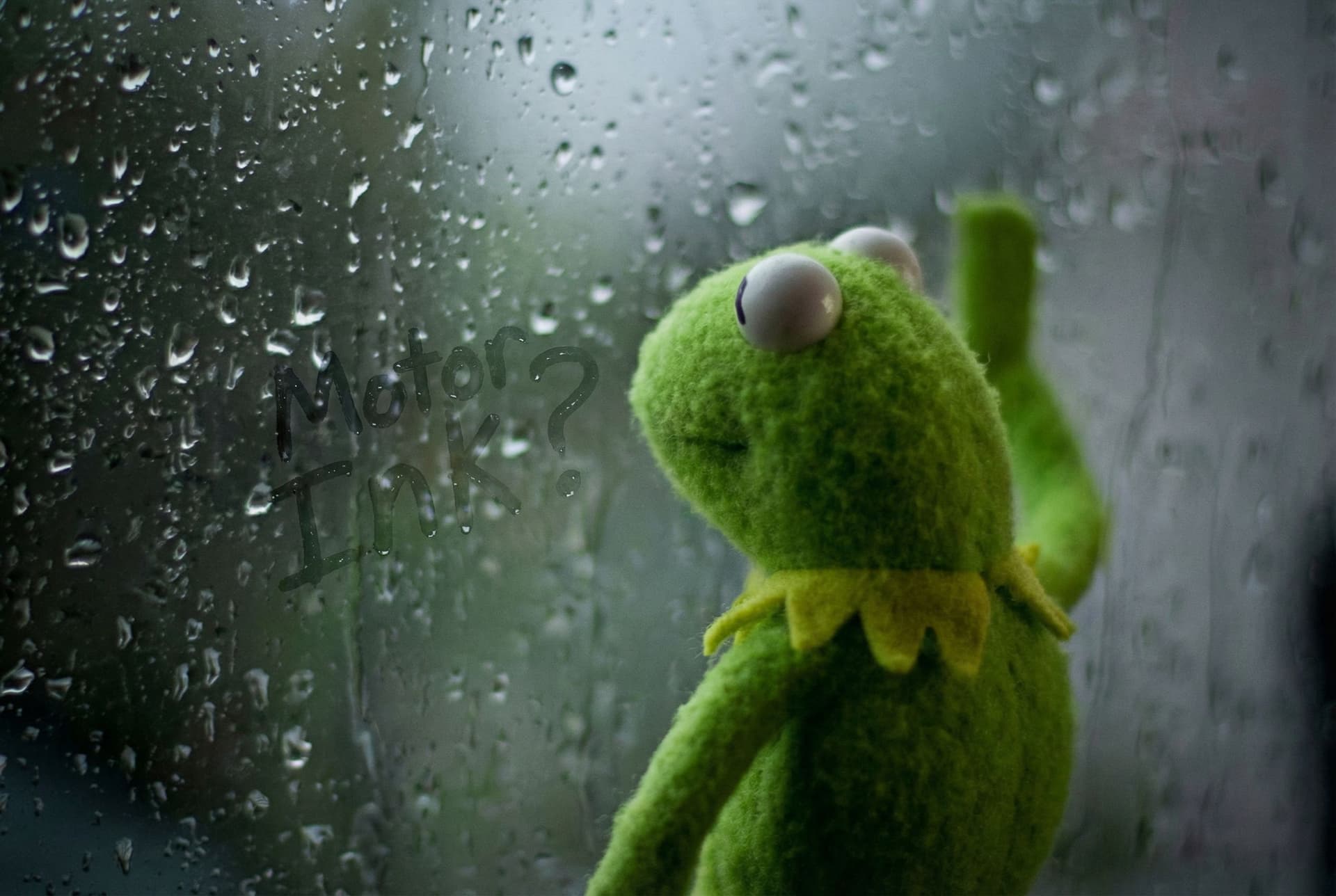 AI generated: Kermit the frog waiting for a response by the window. There is fog on the window and the name "Motor...