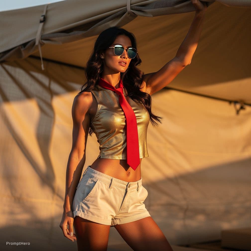AI generated: A stunningly beautiful girl with dark, long wavy hair, wearing stylish aviator sunglasses, wearing a...