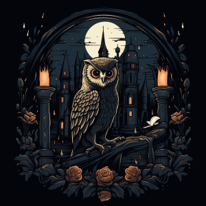 AI generated: Mysterious vector. Owl encounters vampire, abandoned castle, in dark shades, with a Lowbrow Art, ill...