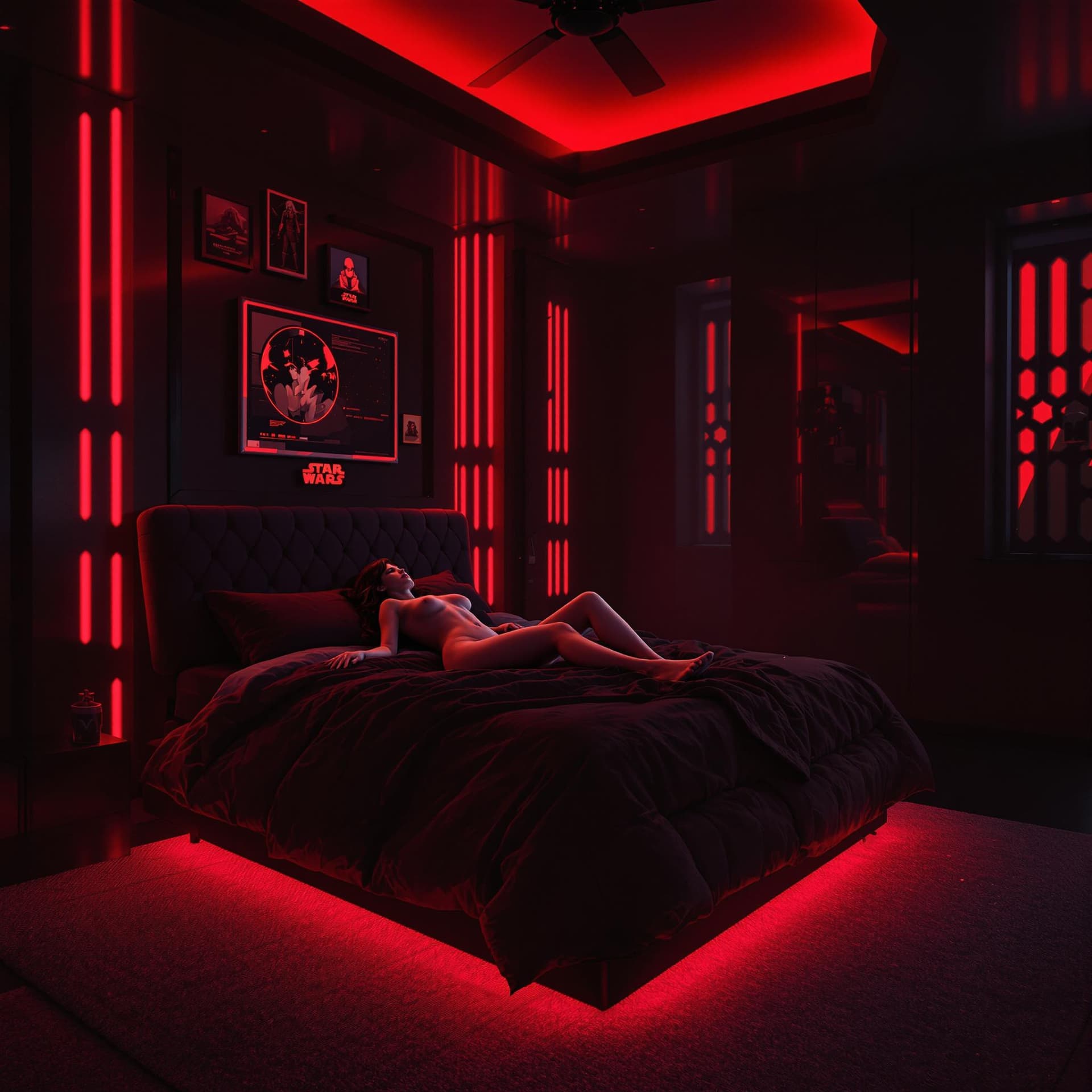 AI generated: 1 girl naked laying in a dark bedroom with red led lights, huge king size bed, Star wars themed room