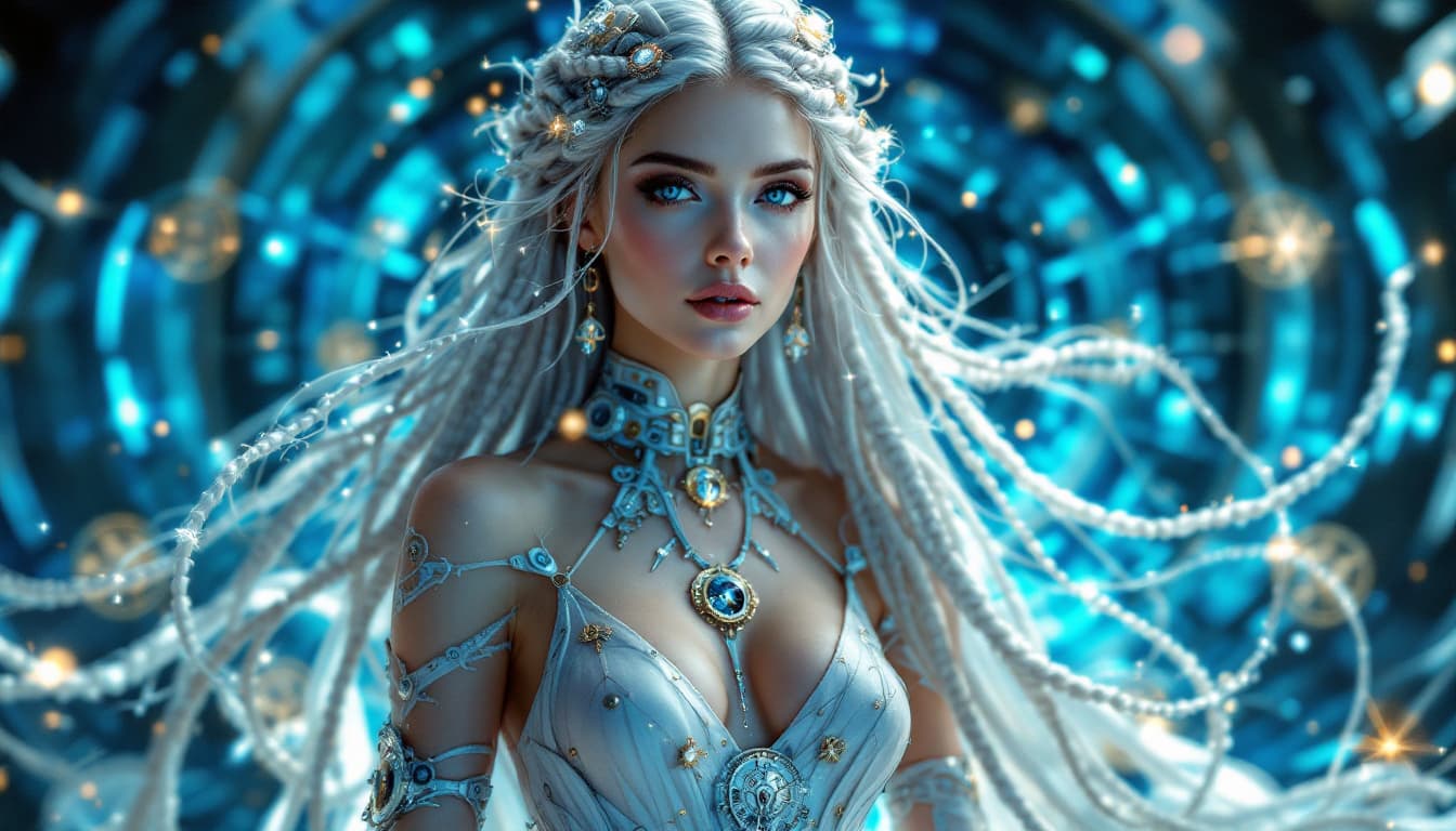 AI generated: An ultra-realistic, full-body portrait of a captivating timekeeper woman, radiating timeless wisdom ...