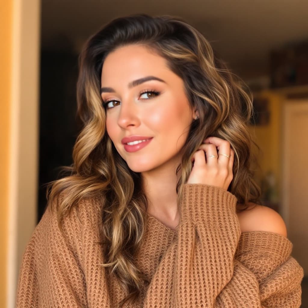 AI generated: A woman with wavy dark blond hair, wearing an off-shoulder oversized brown knit sweater. She gazes s...