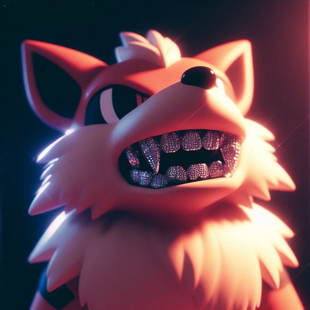 AI generated: Arcanine Pokemon getting diamond grills on teeth, in the style of photo taken with ektachrome, in th...