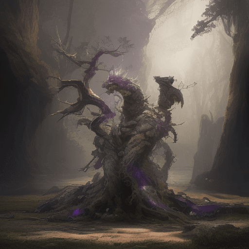 AI generated: green and purple 7 head dragon standing old tree 
light, pale sunrise, cinematic lighting, 