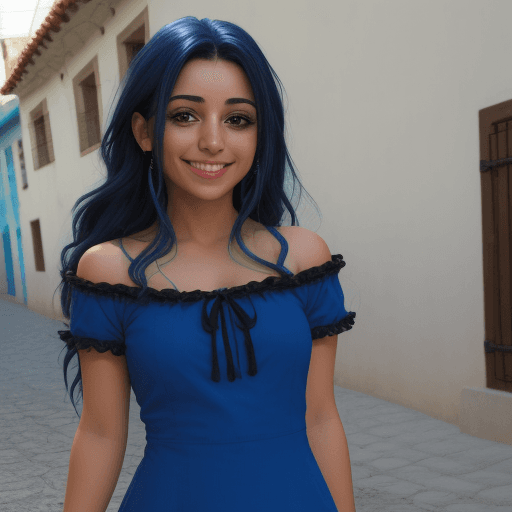 AI generated: chica sonriendo, vestido azul, cabello negro, audífonos rojos, ojos marrones, 