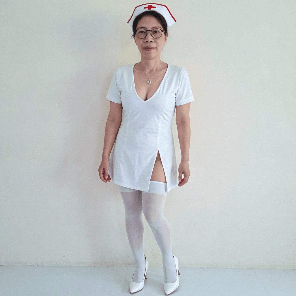 AI generated: Wearing nurse cosplay vcut top and slit, white pantyhose and white high heels. fit slim and petit bo...