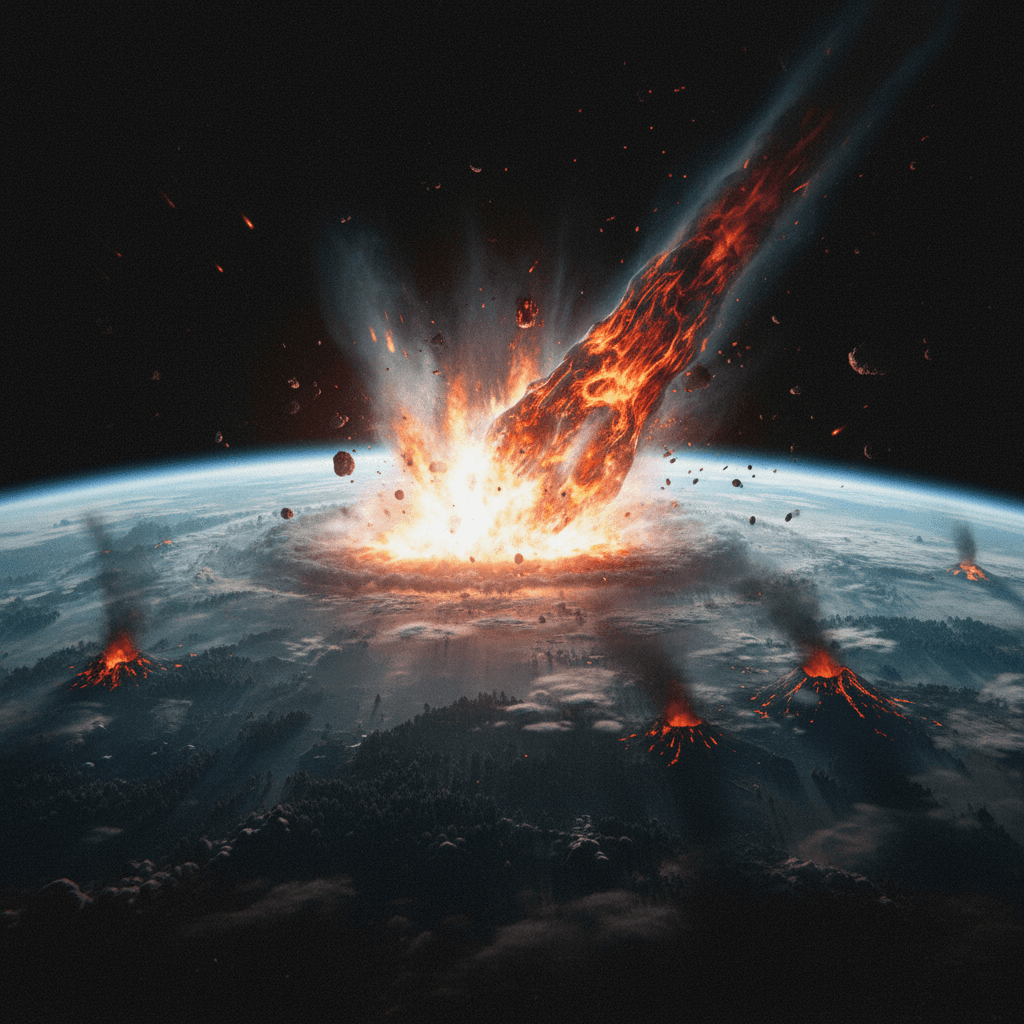 AI generated:  Ancient Earth from space with a fiery asteroid entering atmosphere, world-ending scale, historical ...