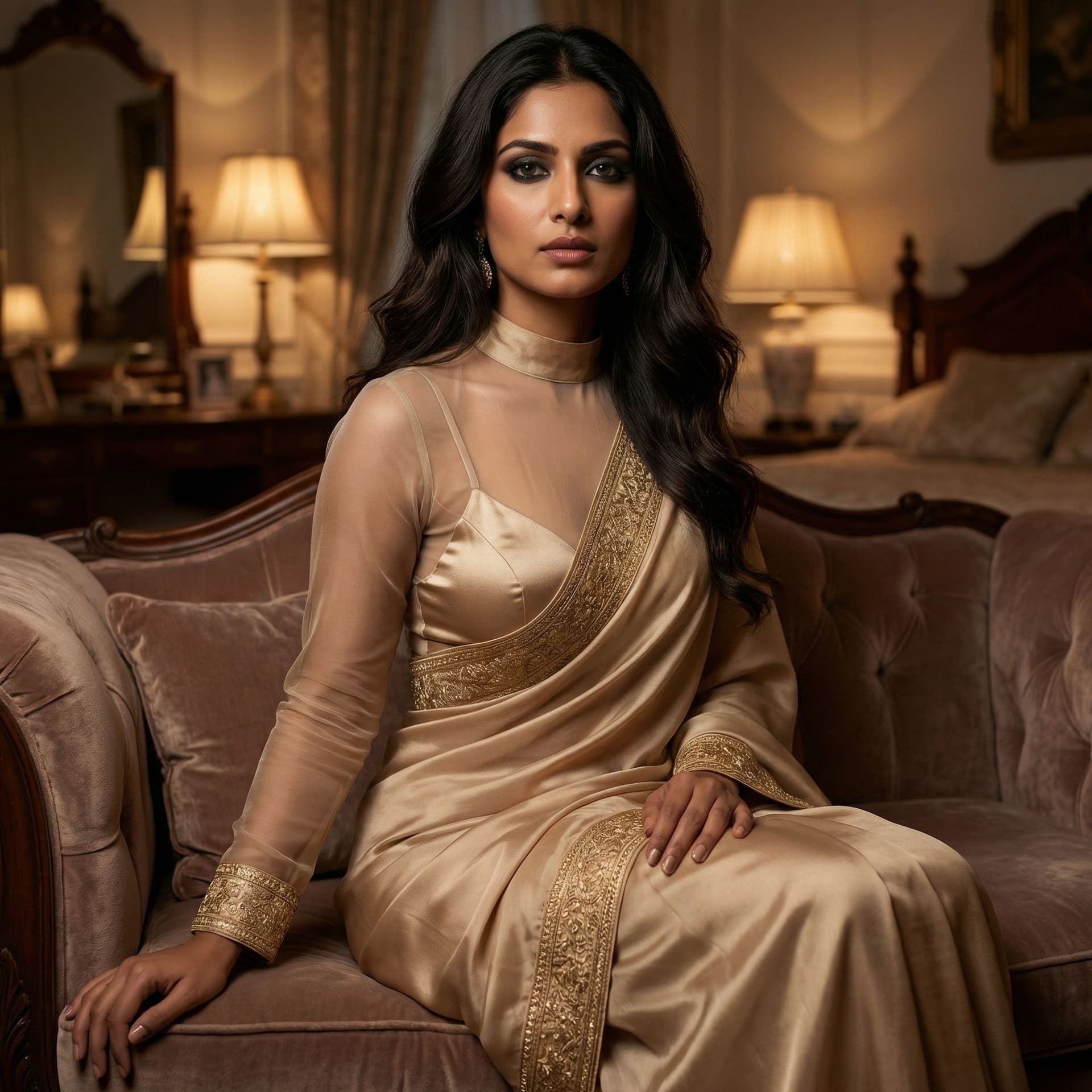 AI generated: Ultra-realistic full-body portrait of a stunningly beautiful Indian woman, early 30s, long wavy blac...