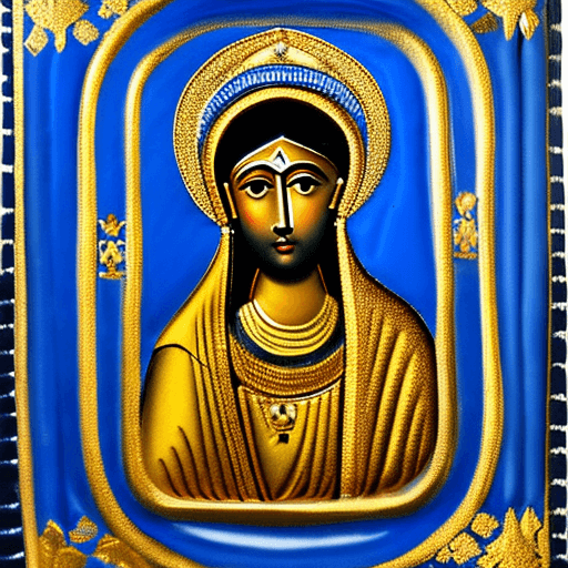 AI generated: Deep midnight blue and gold orthodox icon of a young male Virgin Mary. He is wearing a turban and is...