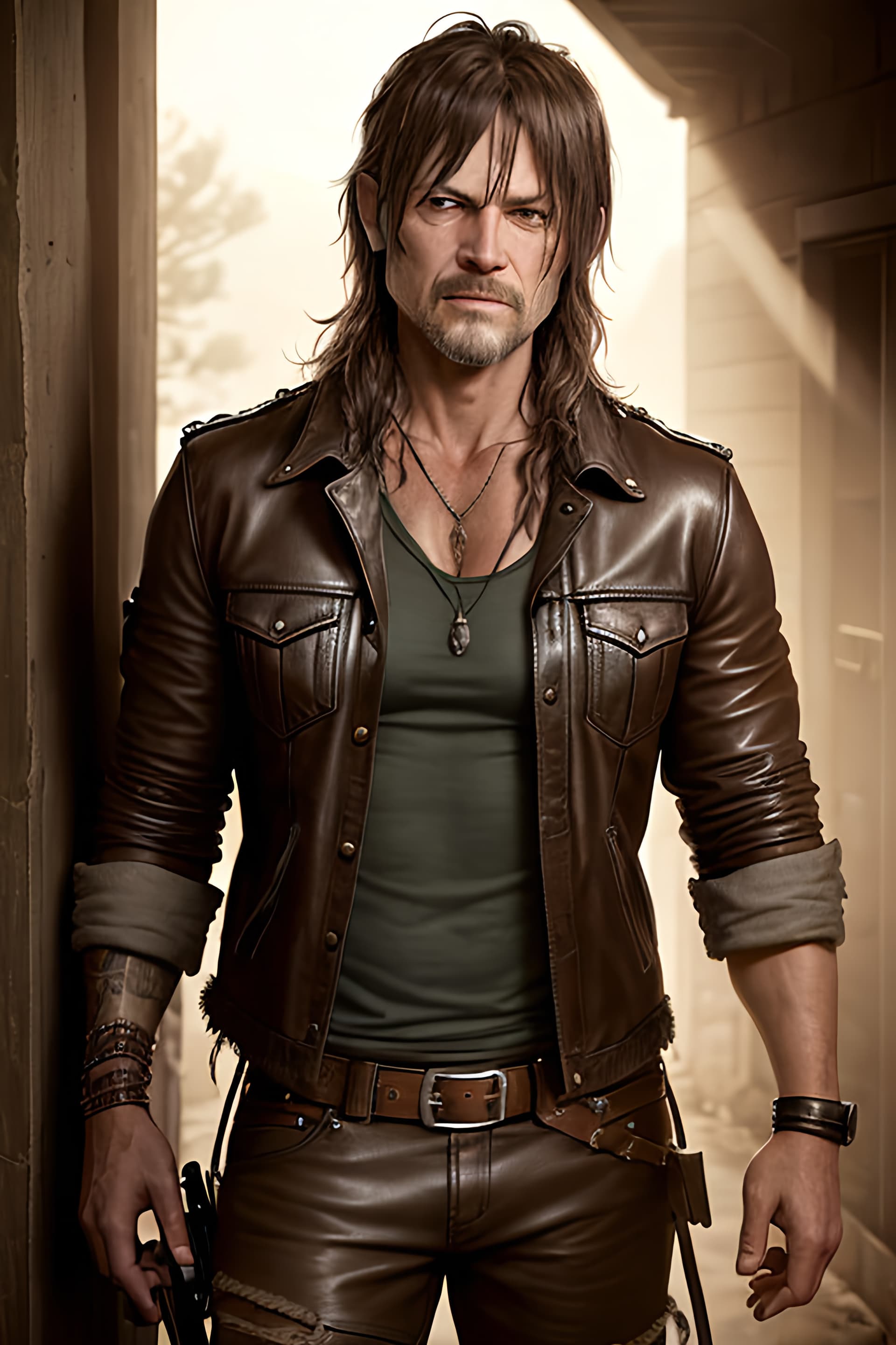 AI generated: Animated portrait of Daryl Dixon from The Walking Dead, fantasy fiction style, physically strong fit...
