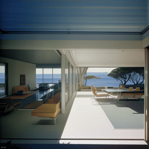 AI generated: Hyper realistic eye level exterior photo of a mid century modern style house overlooking the ocean, ...