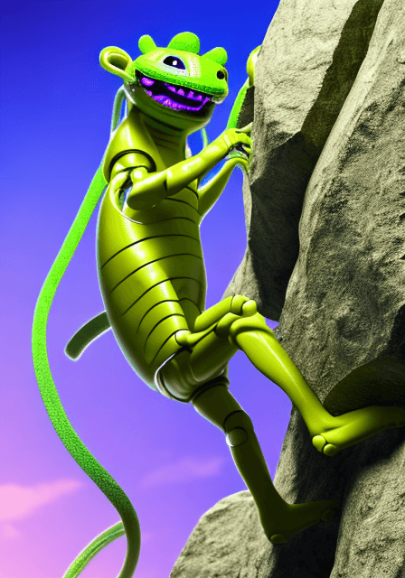 AI generated: High-resolution picture of a cyber geko climbing a boulder. The geko has wires coming out of its bod...