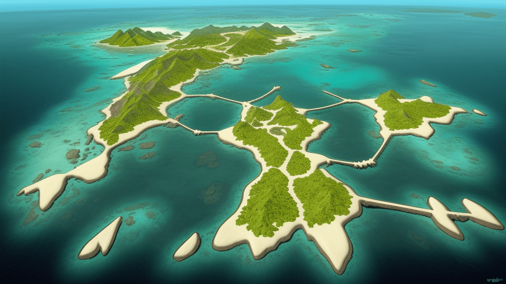 AI generated: image of islands with an overwhelming matrix of bridges crisscrossing to each land mass. sunny, ligh...