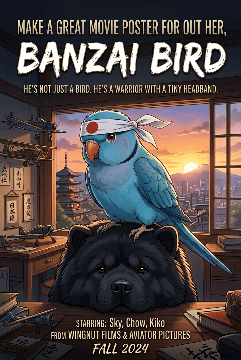 AI generated: Make a great movie poster for out her, Banzai Bird