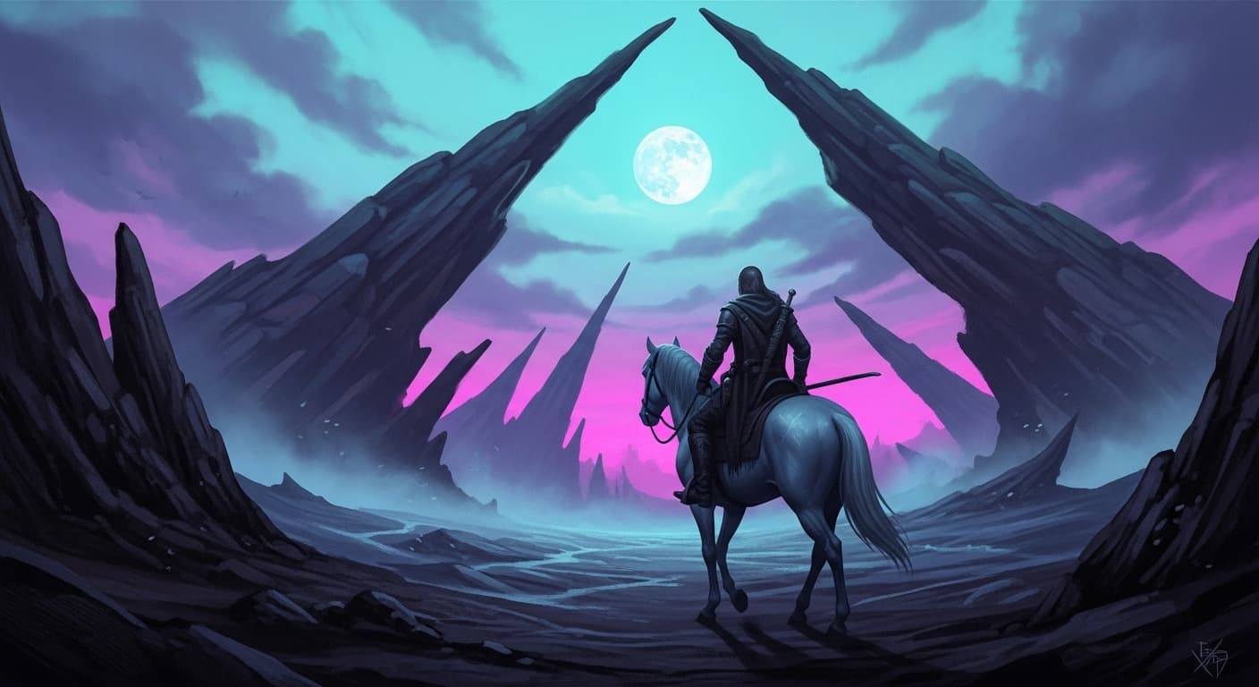 AI generated: A solitary, stoic figure in tattered, dark leather attire, astride a spectral steed, traverses a des...