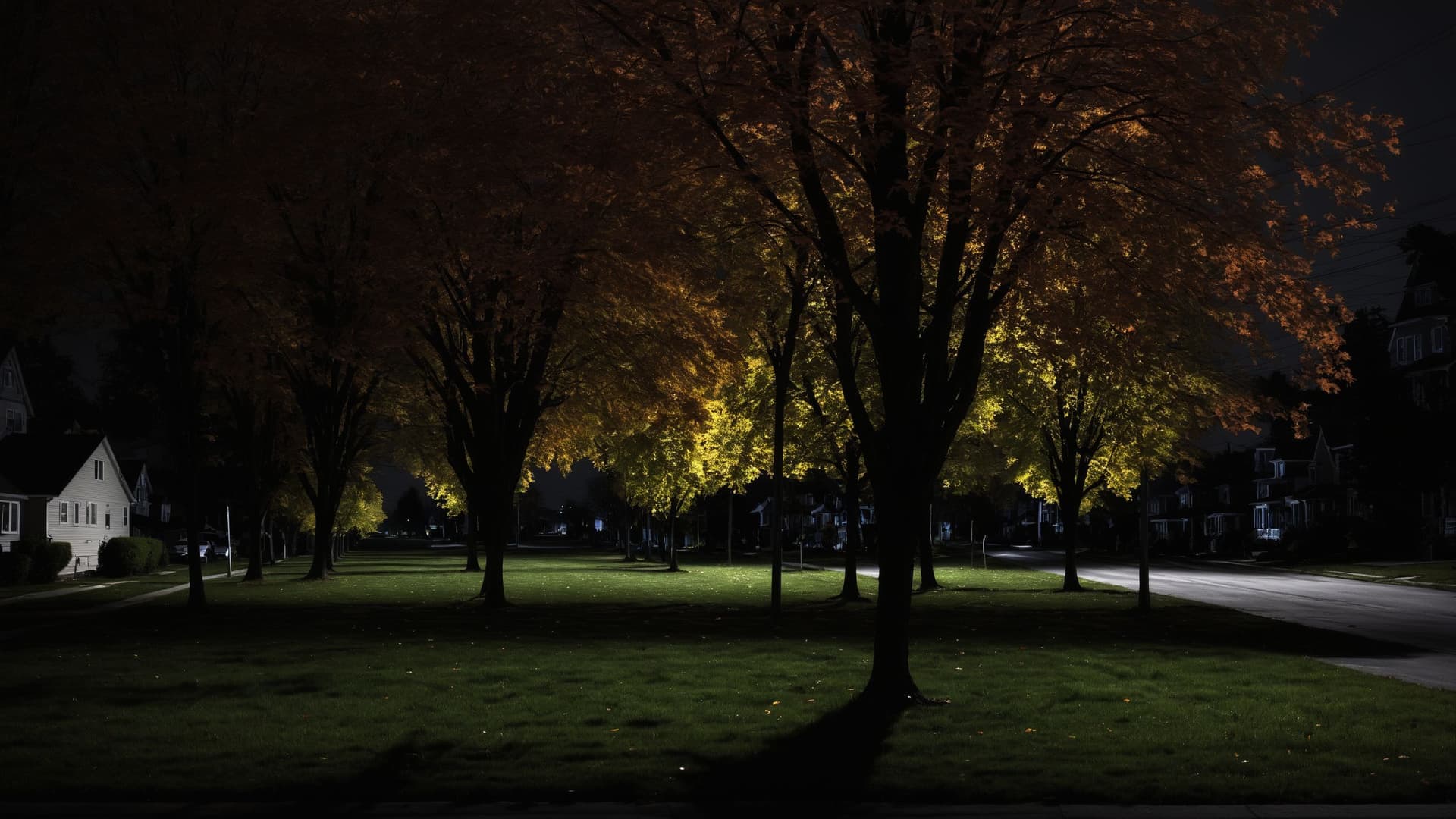 AI generated: a field of grass, maple trees along street, dark lighting, underexposed photography, dark neighborho...
