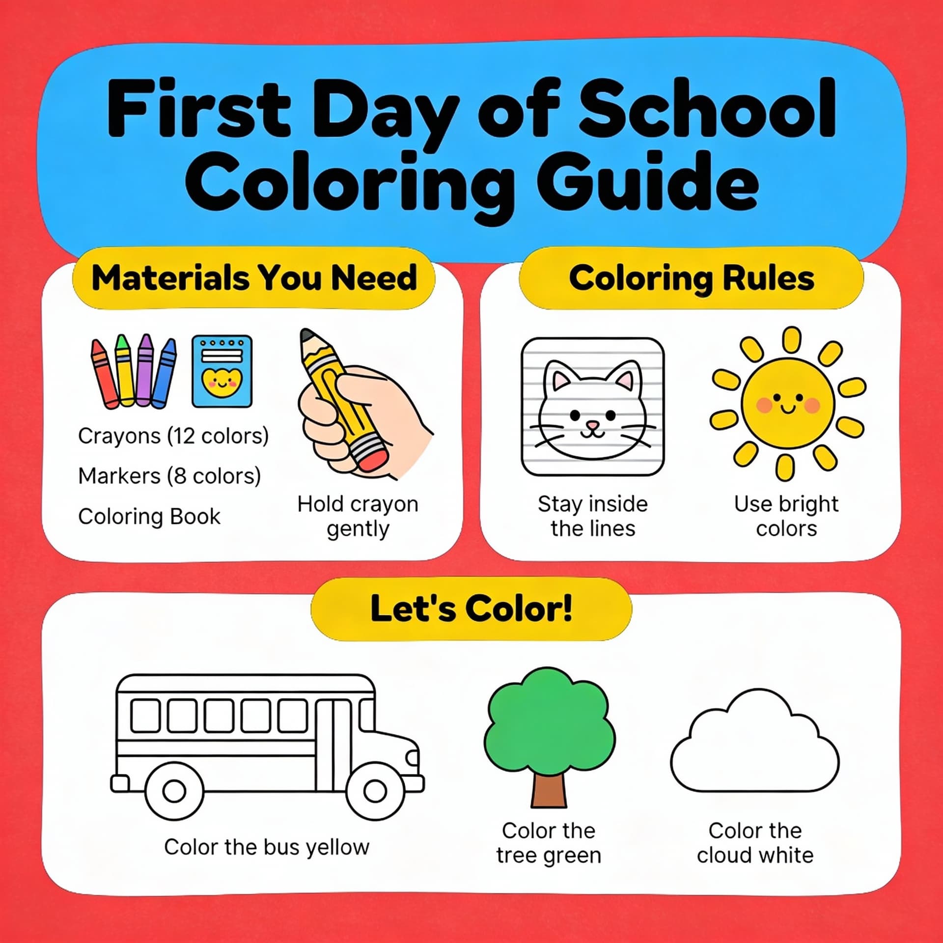 AI generated: hazme una guía educativa para el primer dia de clases, primero básico, para colorear

