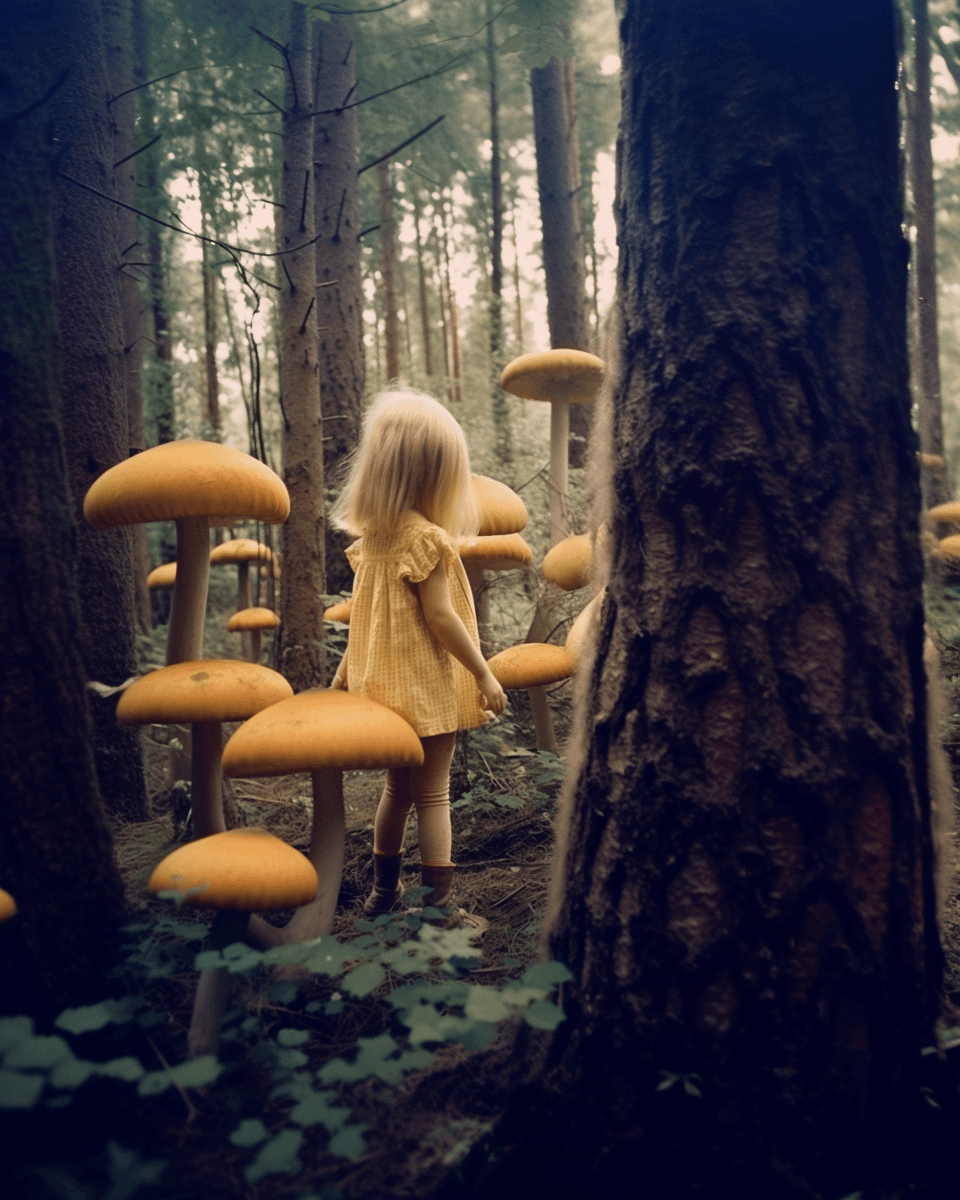 AI generated: photo of lost little girl in the forest of giant mushrooms, strange mood, rule of thirds, fairy tale...