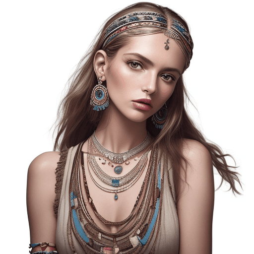 AI generated: A fashion editorial photo of a woman wearing boho style jewelry and , shot in the style of Mario Tes...