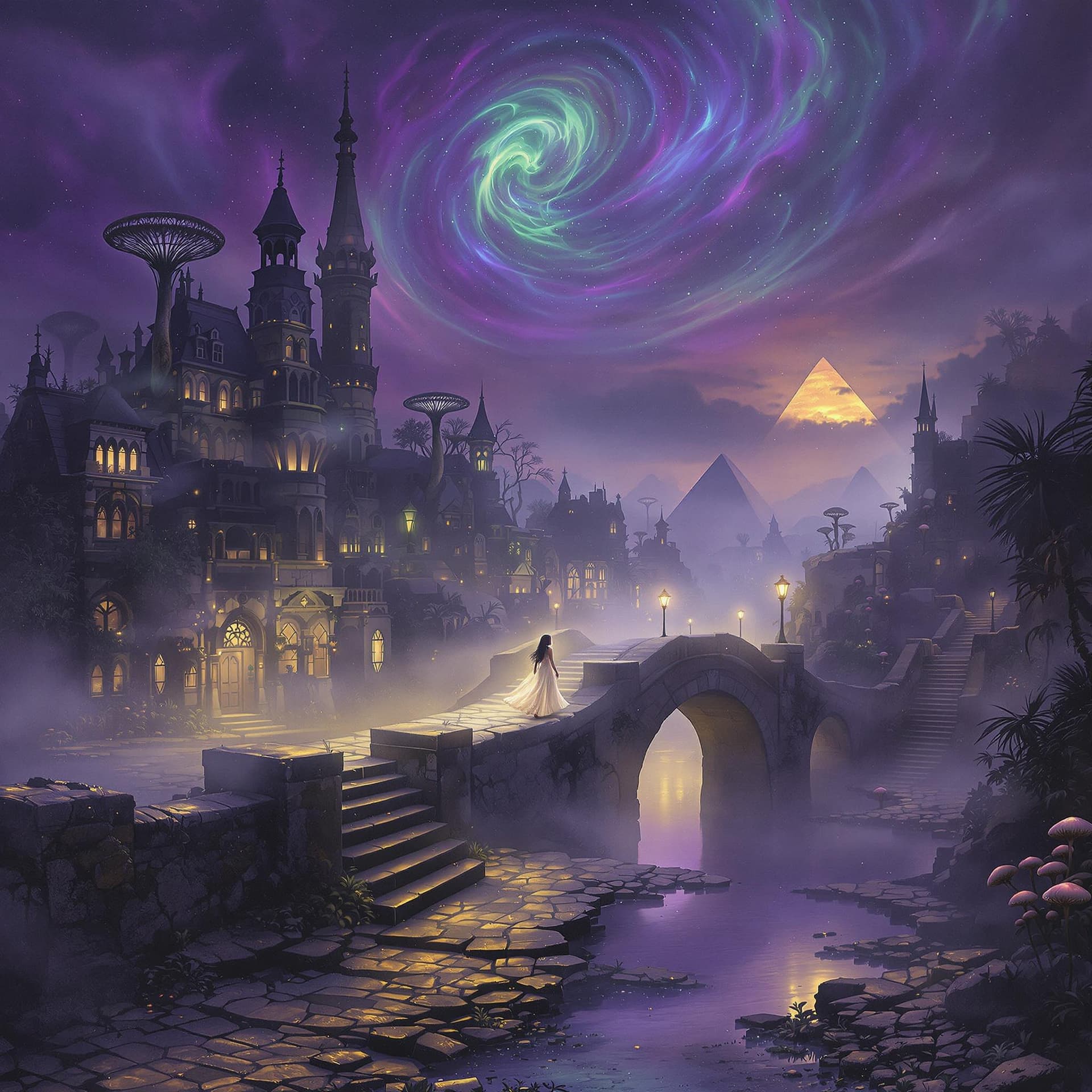 AI generated: Trippy, psychedelic, highly detailed, A wide, Egyptian town at twilight, drowned in swirling violet,...