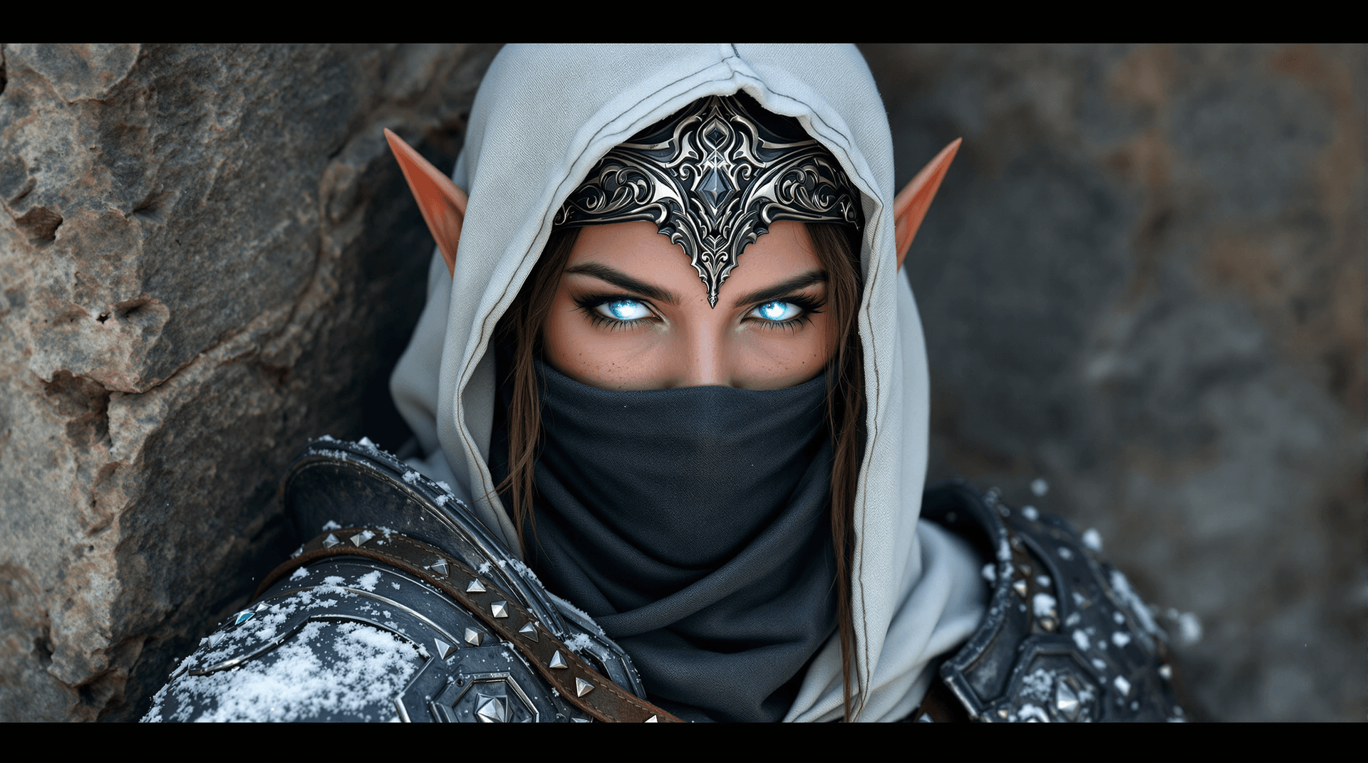 AI generated: female warrior, young adult, likely Middle Eastern, wearing intricate, dark-gray metal armor with br...