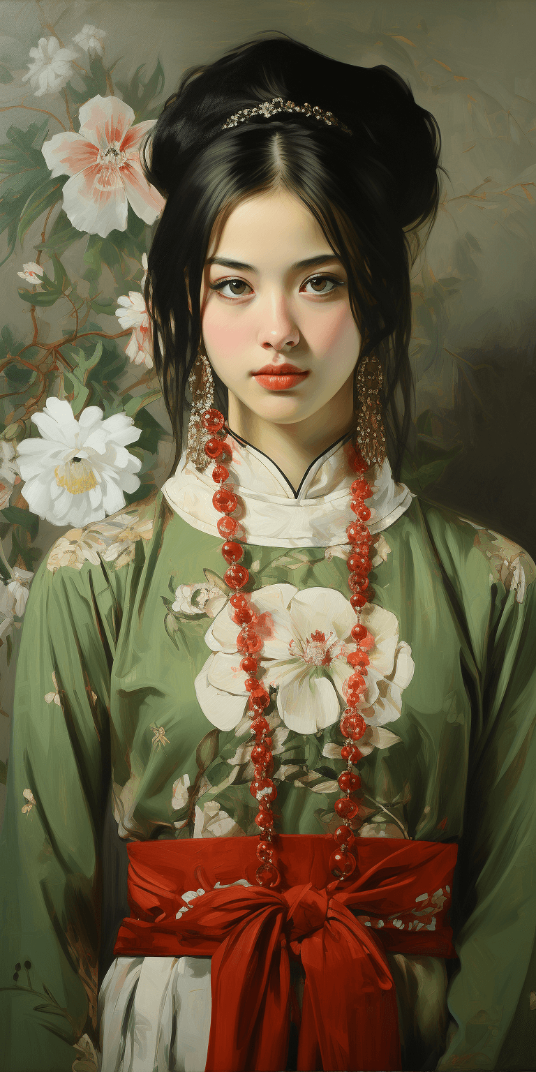 AI generated: a green, white, and red oriental painting, feminine beauty, in the style of botanical impressions, m...